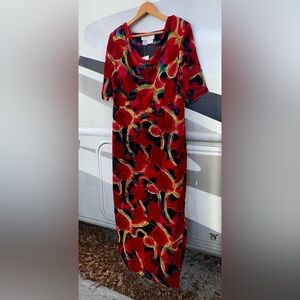 NWT Hand‎ Painted Silk Maxi Dress M Red Burnout Velvet Fantasy Boho Aliki Yamani